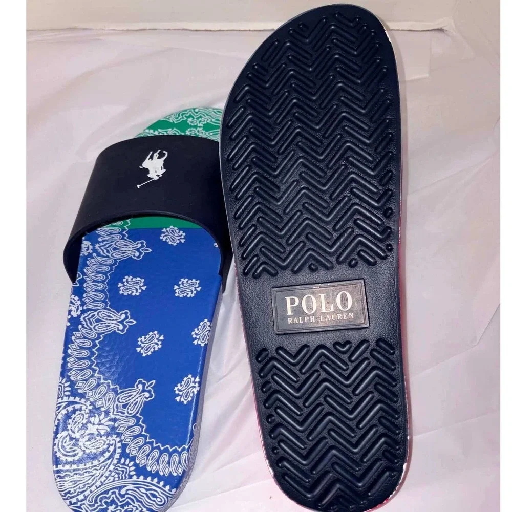 Polo Ralph Lauren Slides Mens 13 Bandana Paisley Multicolor Navy Sandals